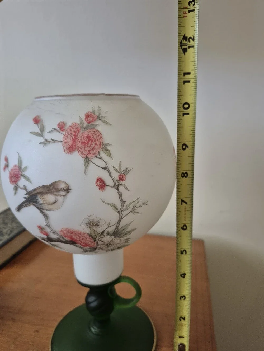 Floral Bird Glass Hurricane Votif Lamp with Green Base